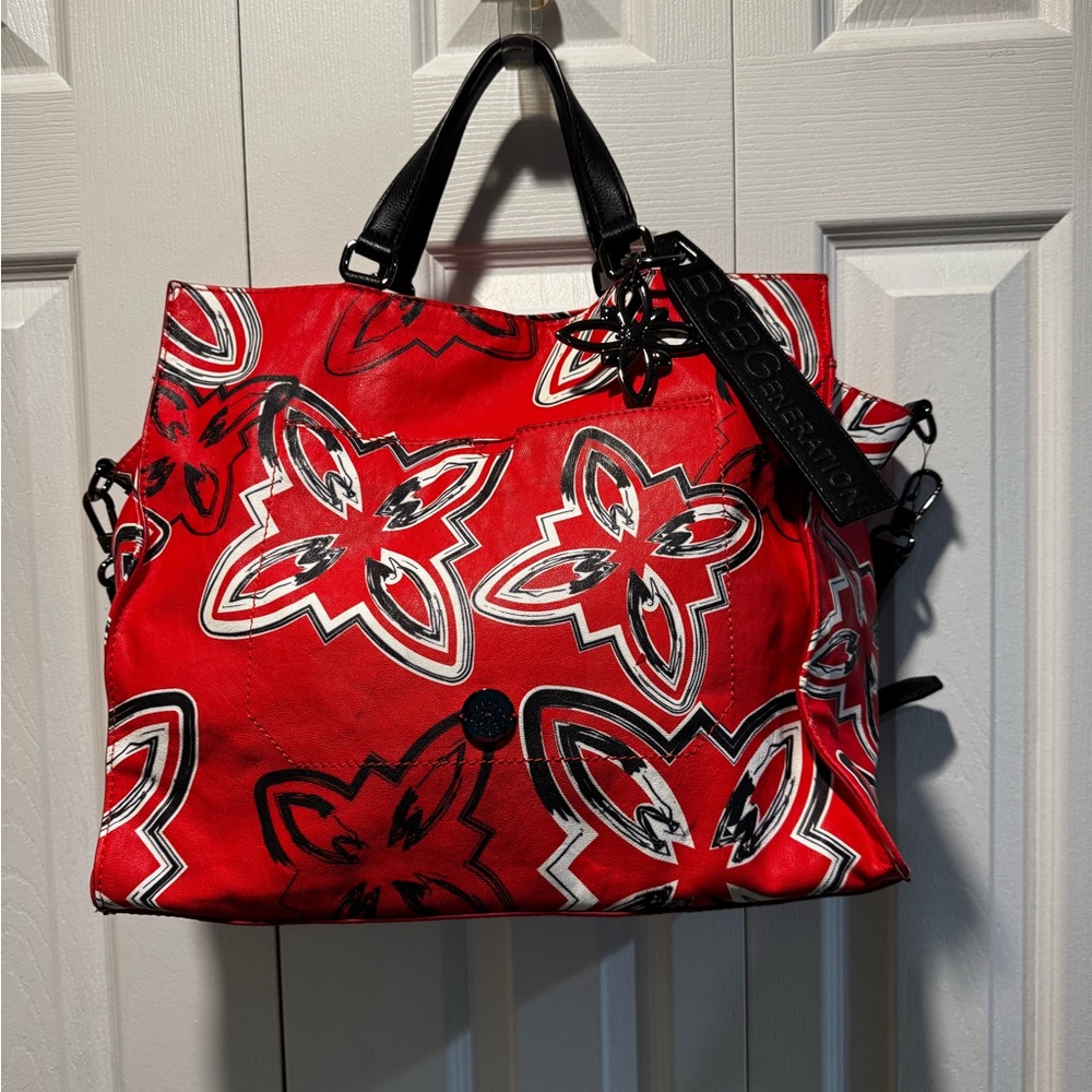 BCBGMaxAzria Red Floral Tote with Black & White Accents